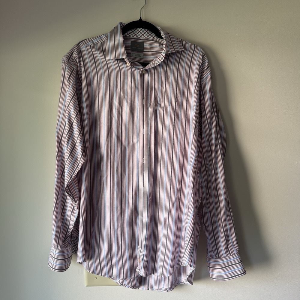 Thomas Dean Striped Button Down Shirt Red Blue Pima Cotton Men's Size L